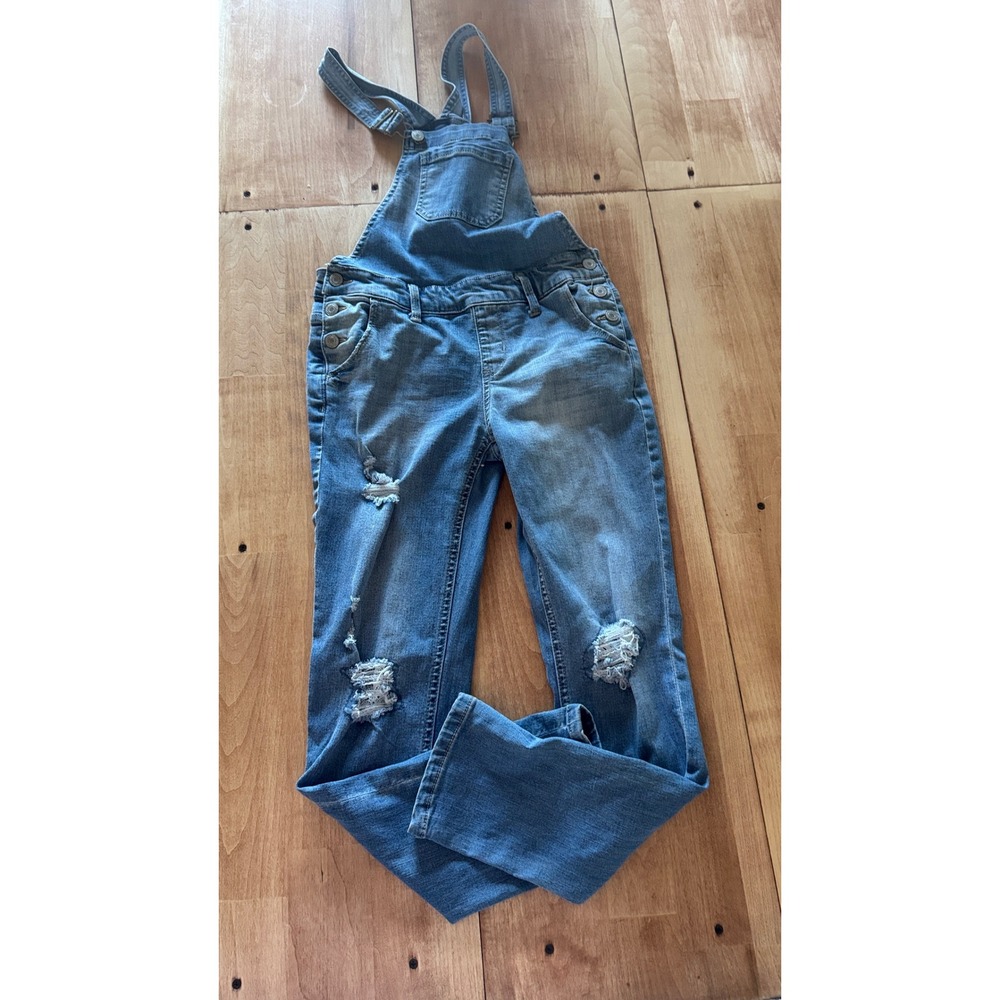 SO Girls Distressed Denim Overalls Medium Wash Blue Size 12 Slim Leg Bibs
